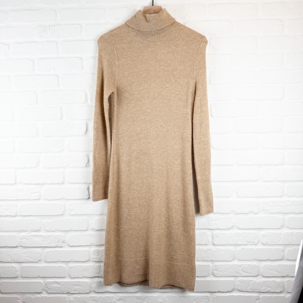 Rachel Zoe Wool Fold Over Neck Midi Sweater Dress Camel Medium